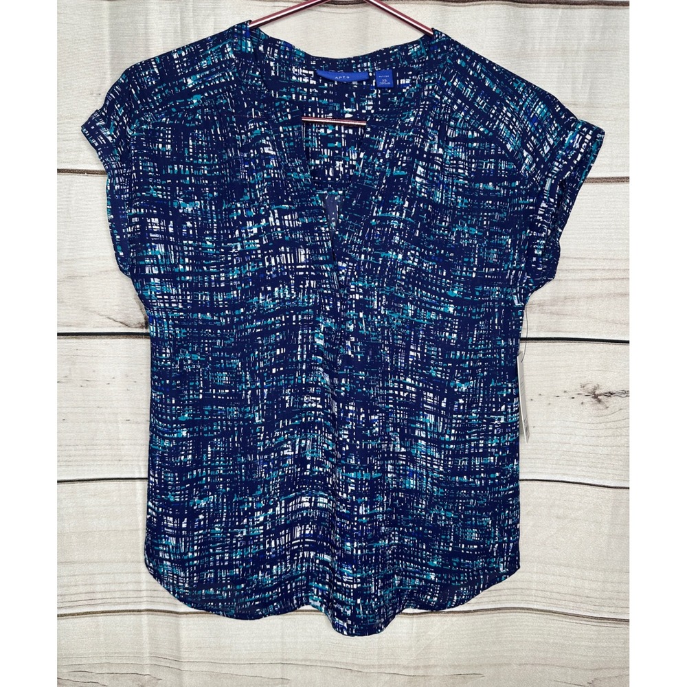 Apt. 9 Blouse Womens XS Petite Navy Blue Abstract Grid Cap Sleeve Split V-Neck